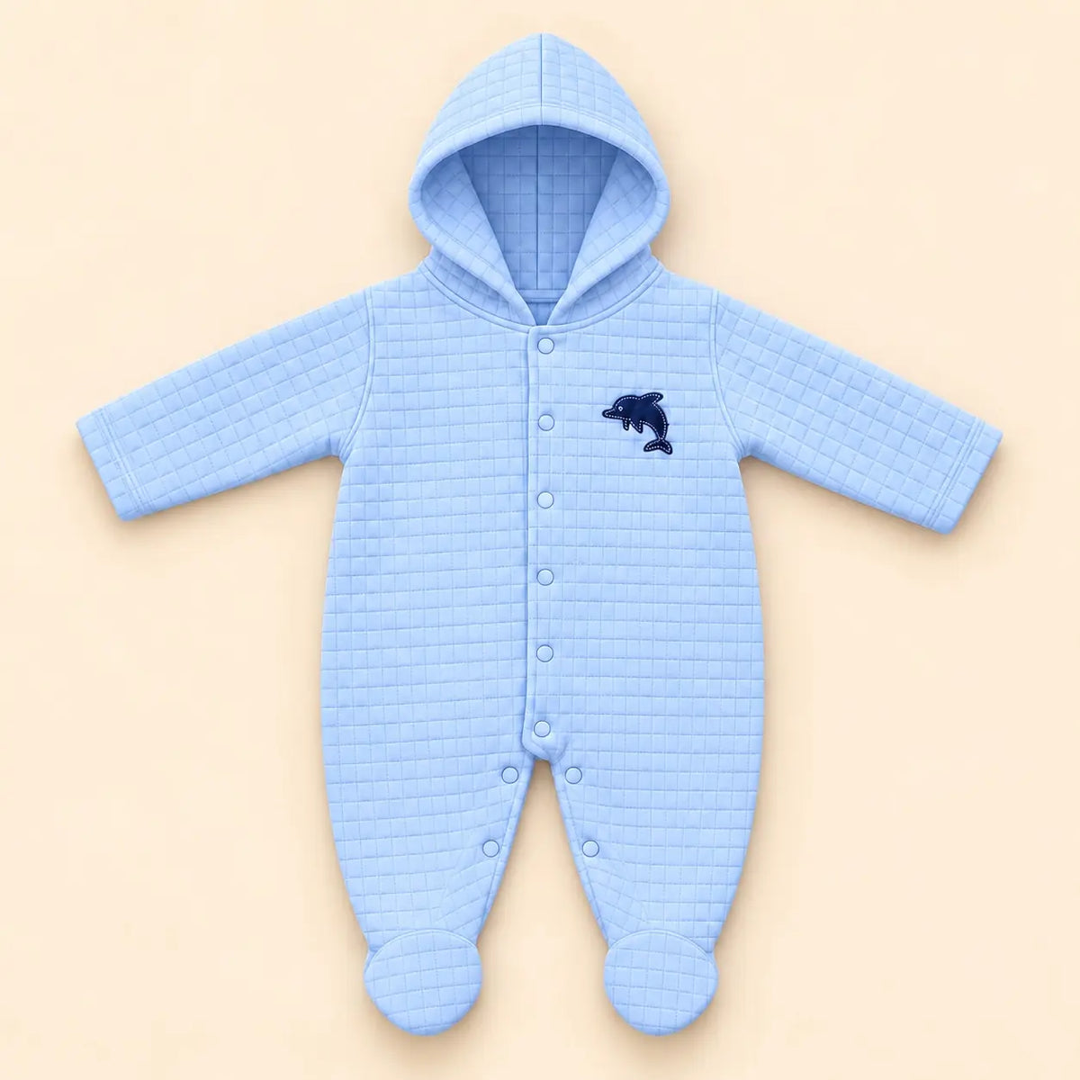 Light blue baby hooded winter romper with square quilted texture, front snap buttons, footies and dolphin applique