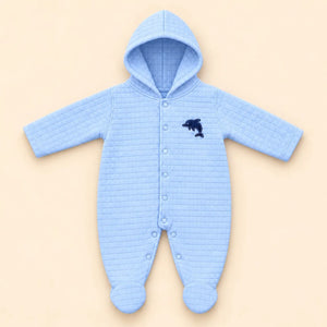 Light blue baby hooded winter romper with square quilted texture, front snap buttons, footies and dolphin applique