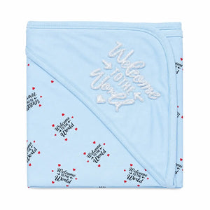 Baby blue wrapping sheet with Welcome to the World print