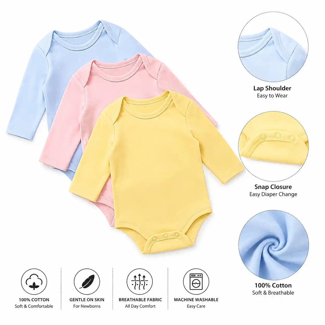 Baby cotton long sleeve bodysuits with lap shoulder and snap closure features
