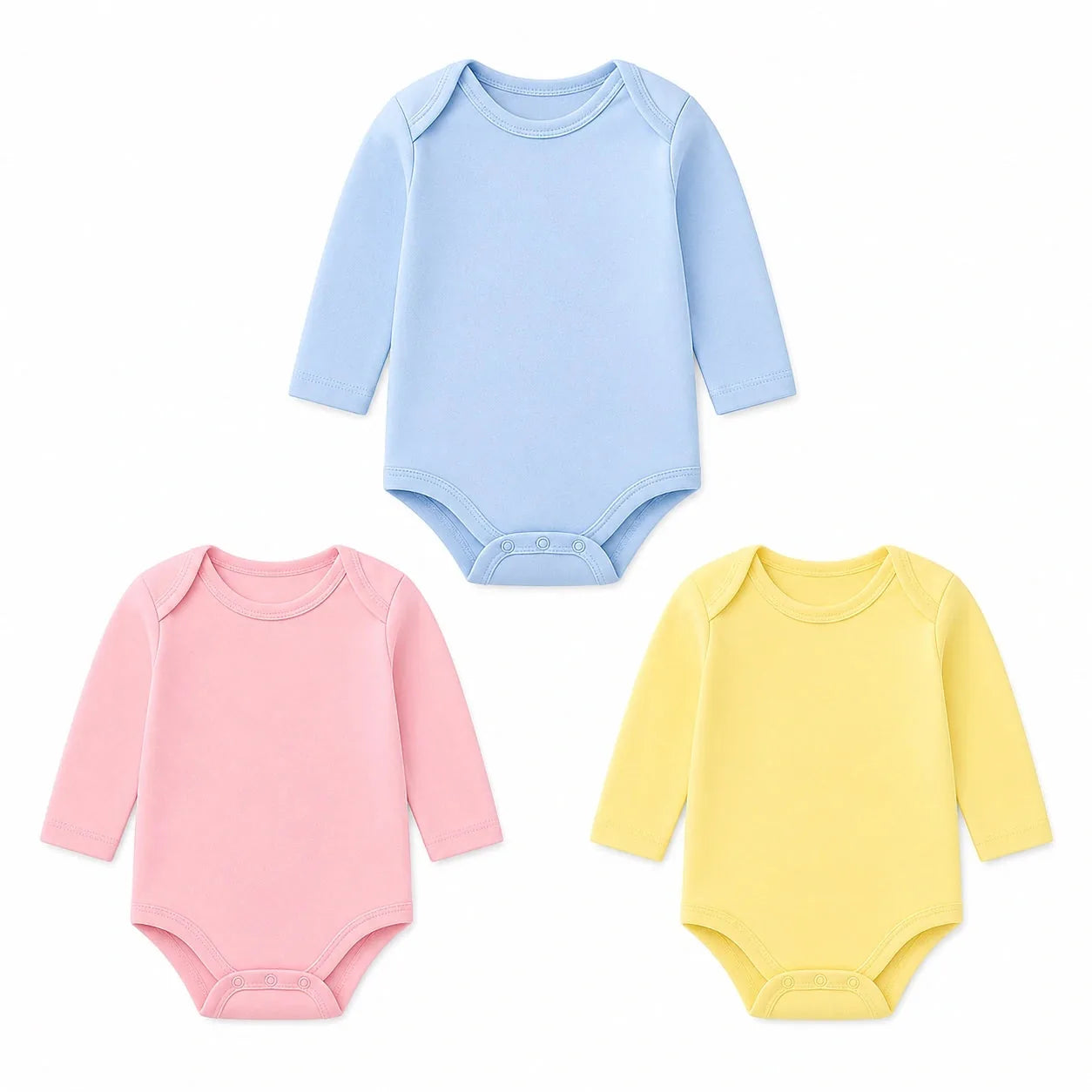 Baby long sleeve bodysuit pack of 3 in blue, pink and yellow