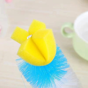 Yellow baby bottle brush close-up showing scratch-free sponge cleaning head