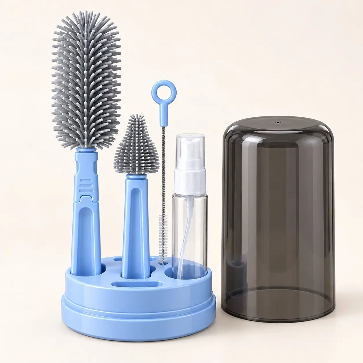 Blue silicone baby bottle brush set with drying base, soap dispenser, straw brush and protective dust cover