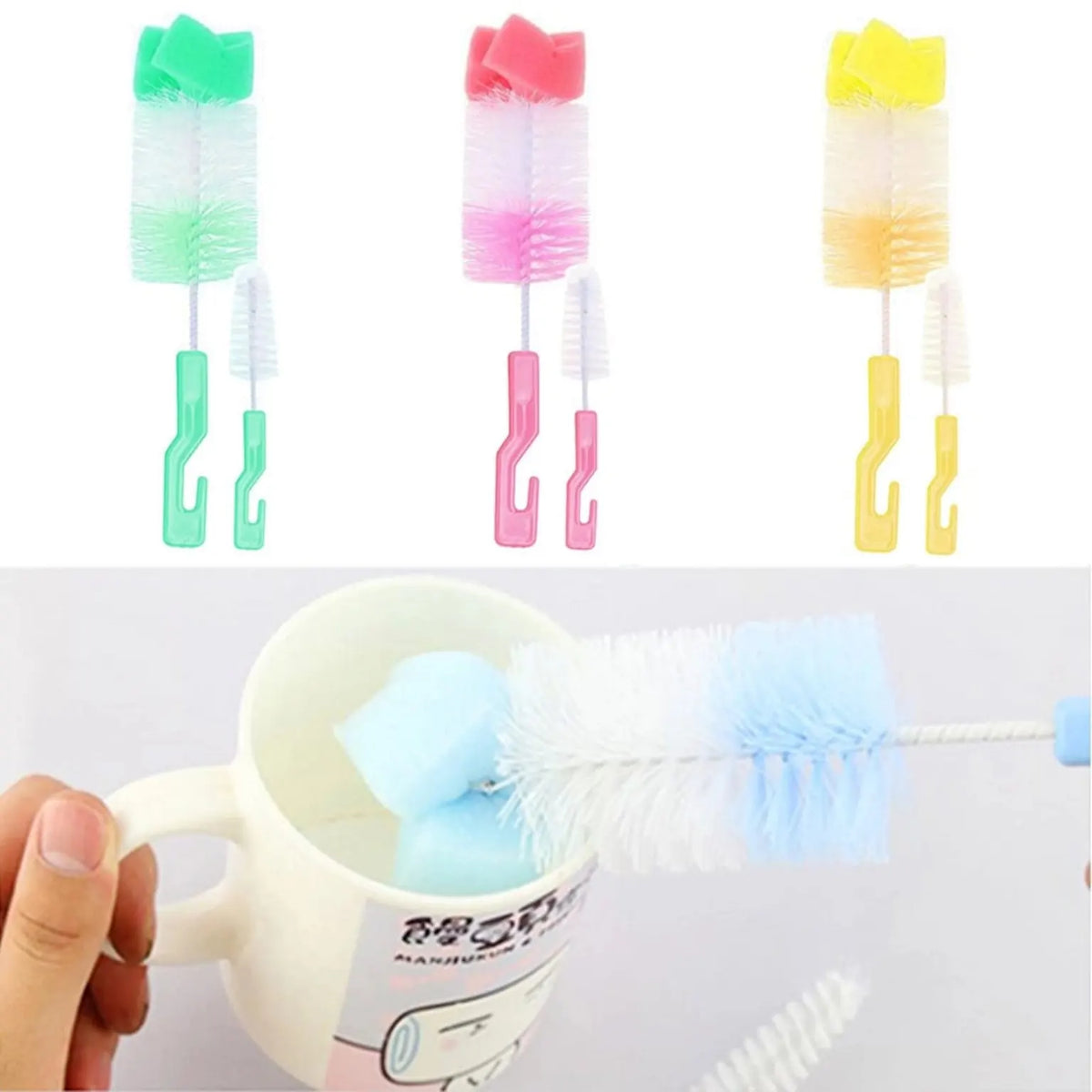 Baby bottle cleaning brush set for bottles, nipples and feeding accessories