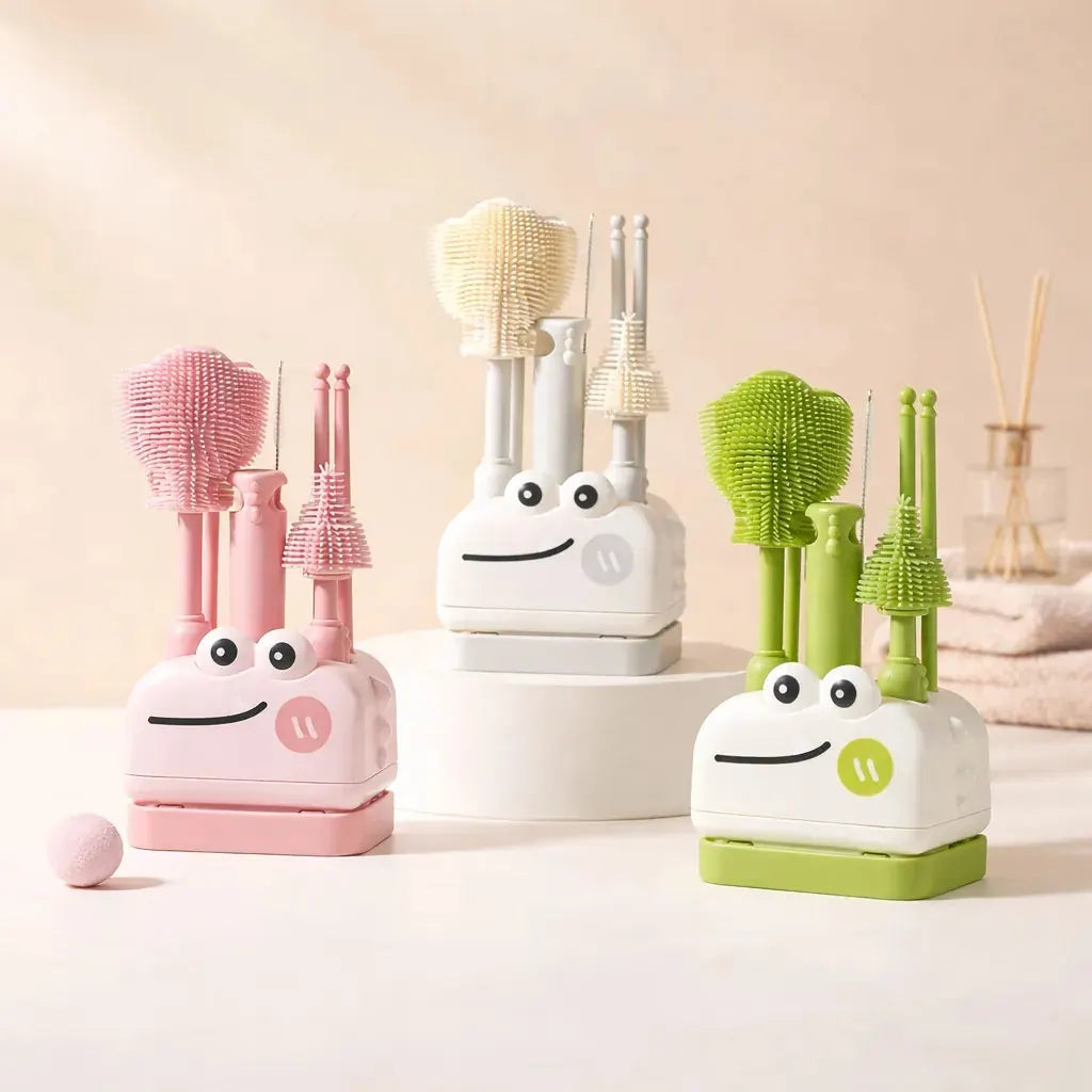 Baby Bottle Cleaning Brush Set Available in Multiple Colors with Organized Drying Stand