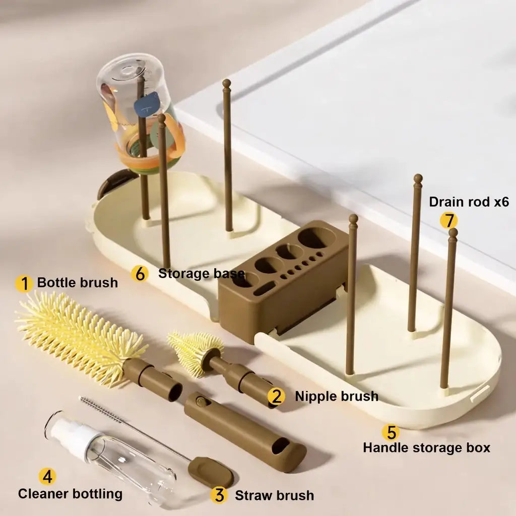 Baby Bottle Cleaning Brush Set with Drying Stand Nipple Brush Straw Cleaner and Storage Organizer