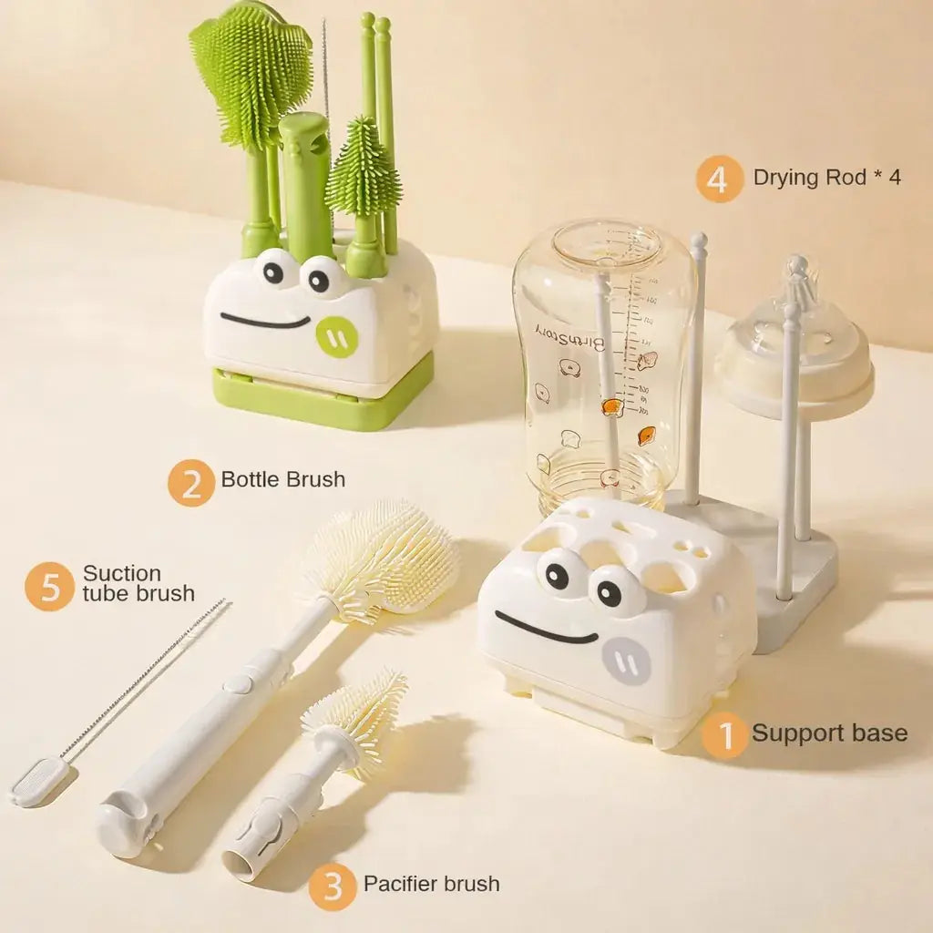 Food Grade Silicone Baby Bottle Cleaning Brushes with Drying Base and Multiple Cleaning Accessories