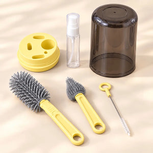 Yellow 6-in-1 baby bottle cleaning brush set with bottle brush, nipple brush, straw brush and dispenser