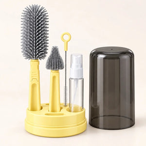 Yellow silicone baby bottle brush set with drying base, soap dispenser, straw brush and protective dust cover