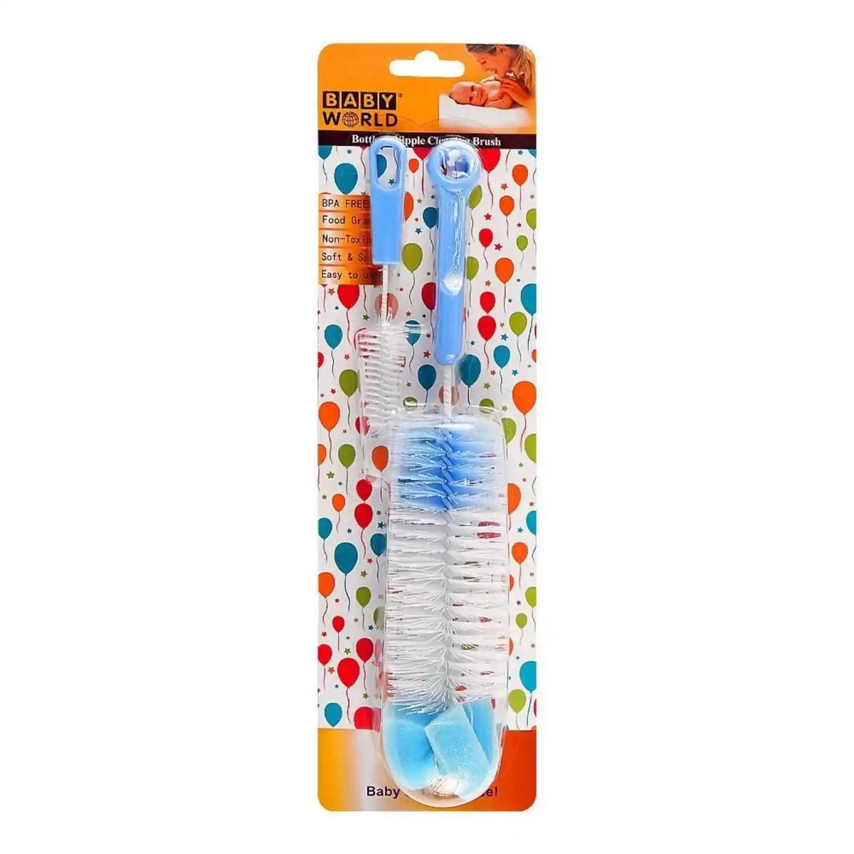 Blue baby bottle and nipple cleaning brush set with easy-grip handle