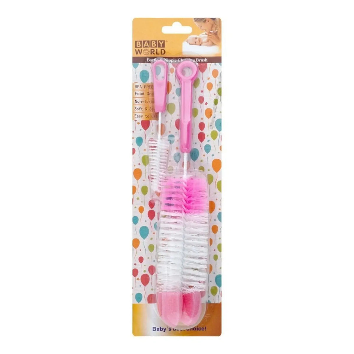 Pink baby bottle and nipple cleaning brush set with soft bristles