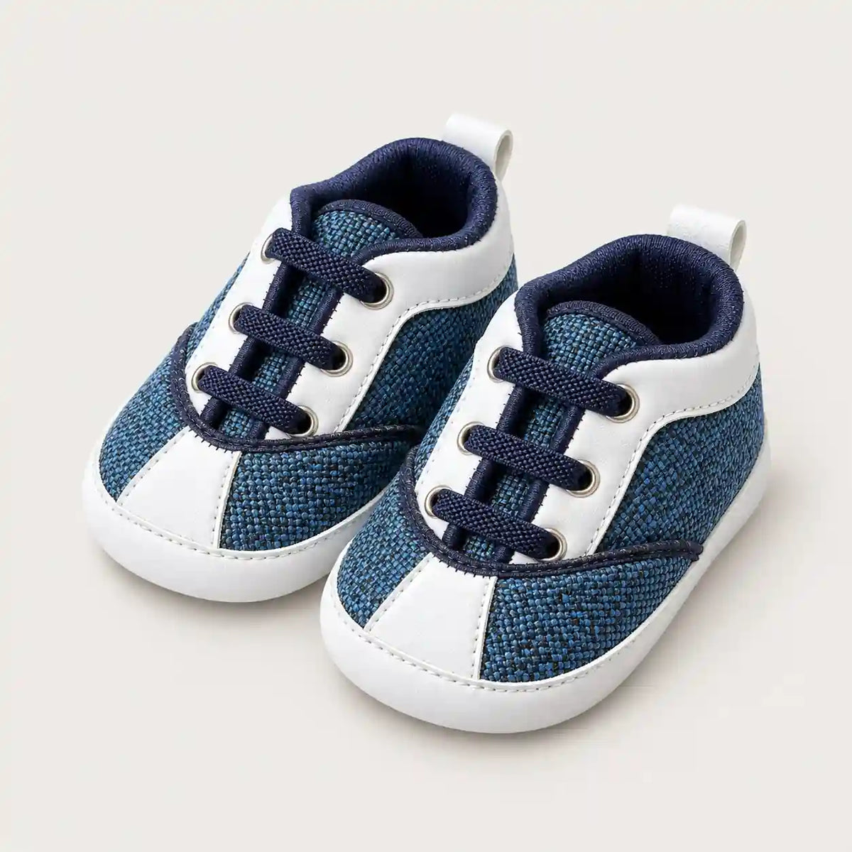 Blue and White Baby Boys Prewalker Sneakers with Navy Laces and Textured Fabric Angle View
