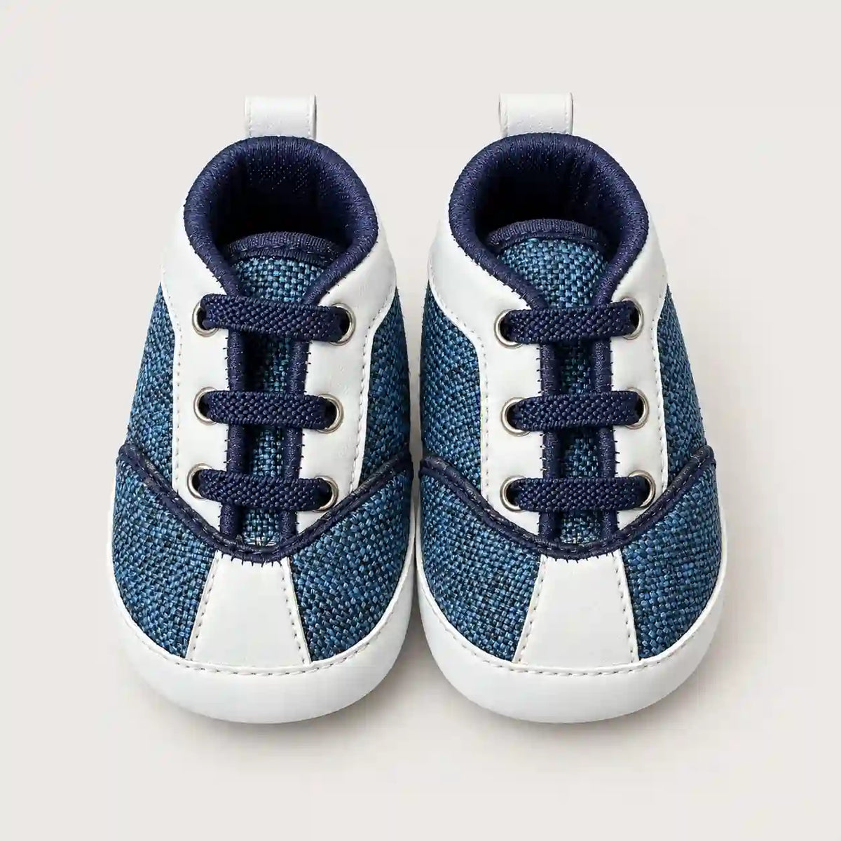 Baby Boy Blue and White Lace-Up Sneakers with Padded Navy Collar Front View