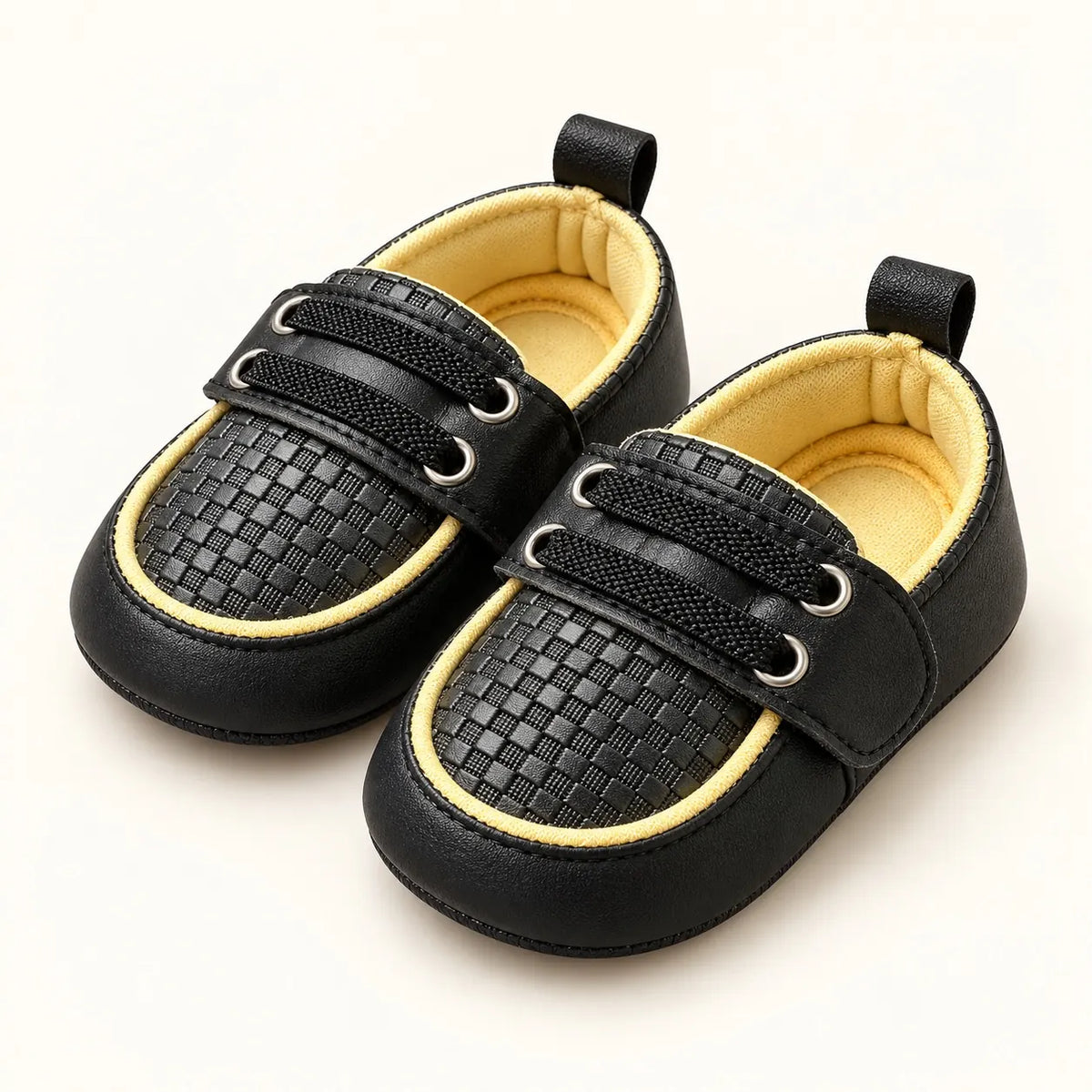 Black and Yellow Baby Boys Prewalker Shoes with Checkered Design and Strap Fastening Side Angle View