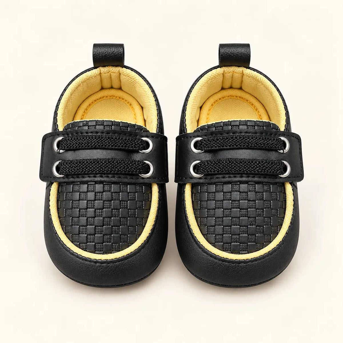 Black and Yellow Baby Boys Casual Shoes with Checkered Toe and Decorative Laces Front View