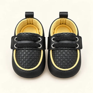 Black and Yellow Baby Boys Casual Shoes with Checkered Toe and Decorative Laces Front View