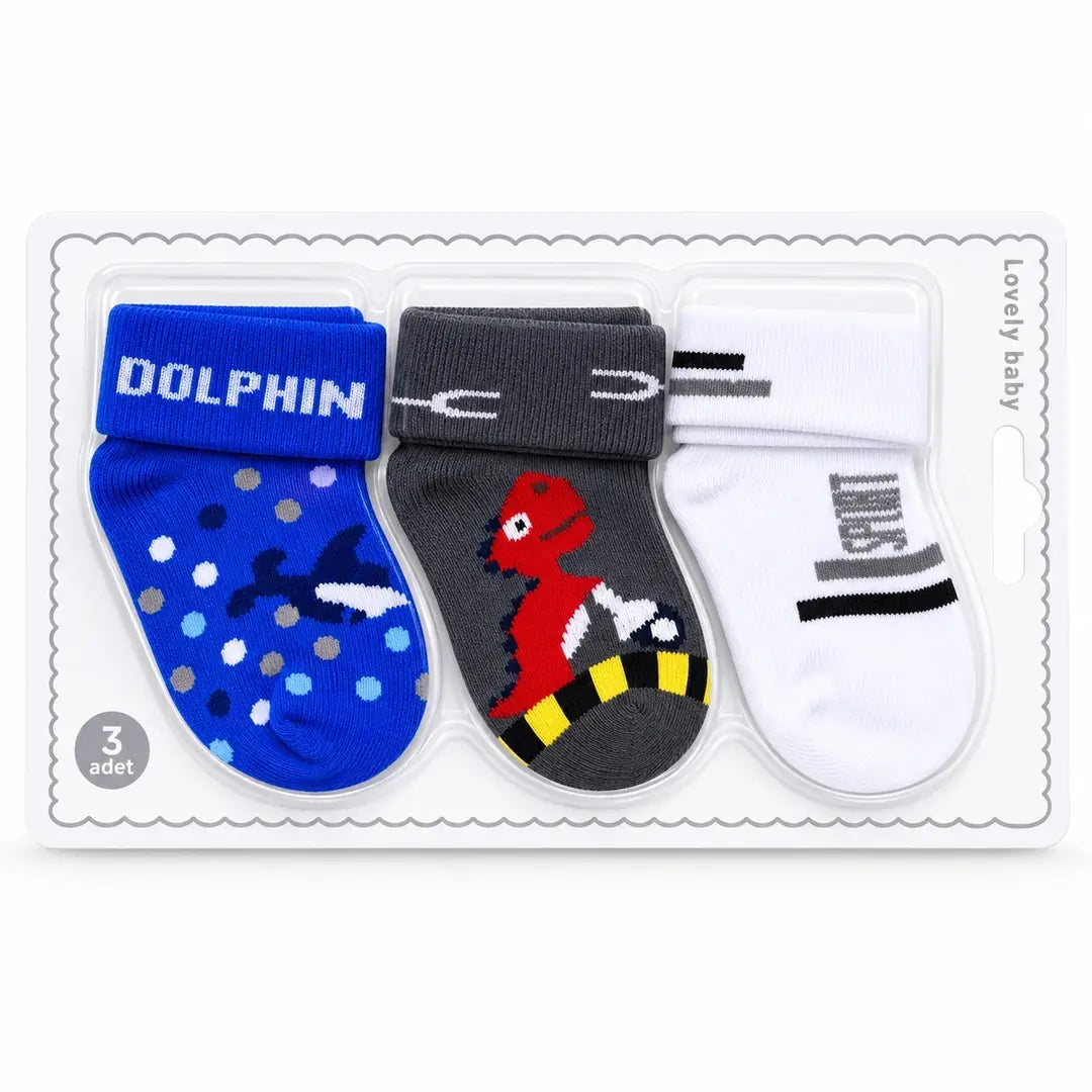 Pack of 3 baby boys cotton socks in blue, grey and white dolphin and dinosaur designs