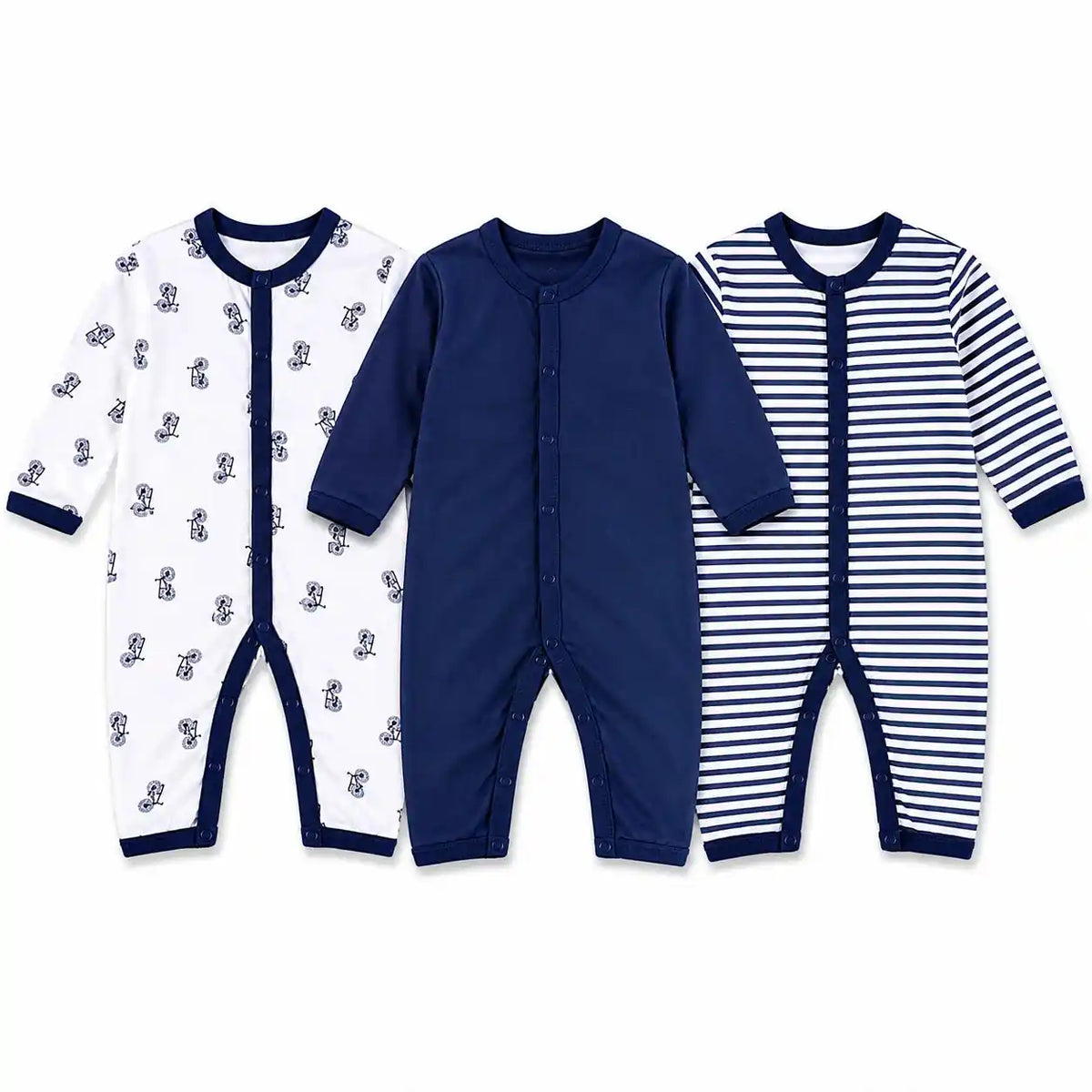 Baby boys full sleeve romper jumpsuit pack of 3 in navy blue designs