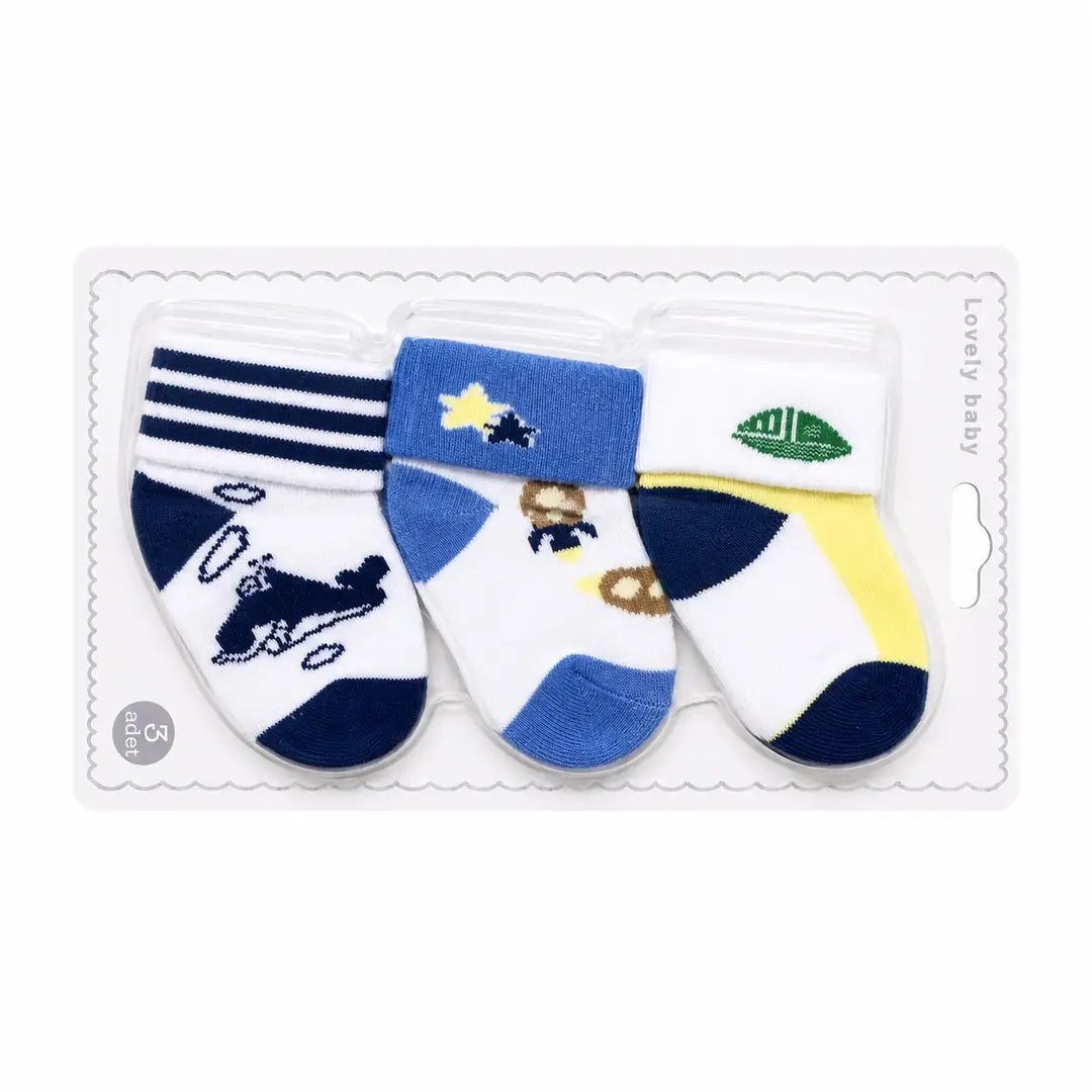 Pack of 3 baby boys cotton socks in white, blue and yellow airplane and cartoon designs