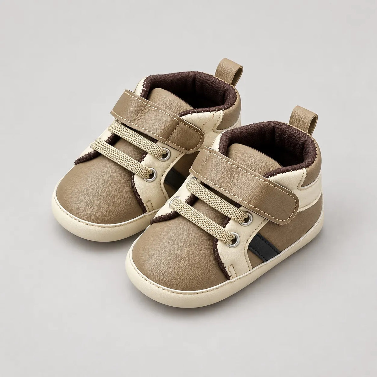 Khaki Brown Baby Boys Casual Prewalker Shoes with Strap and Decorative Laces Side Angle View