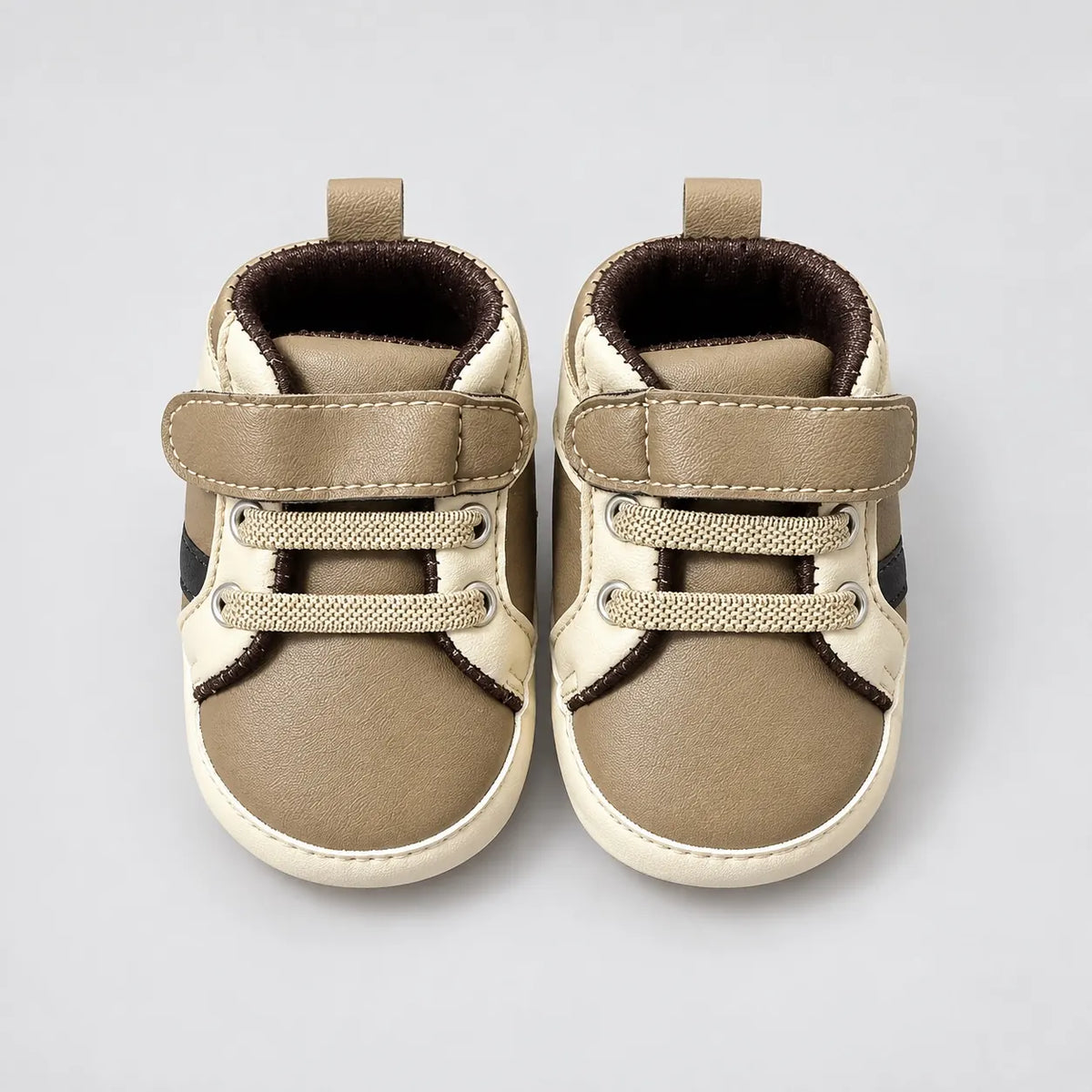 Khaki Brown and Cream Baby Boy Prewalker Shoes with Strap Fastening Front View