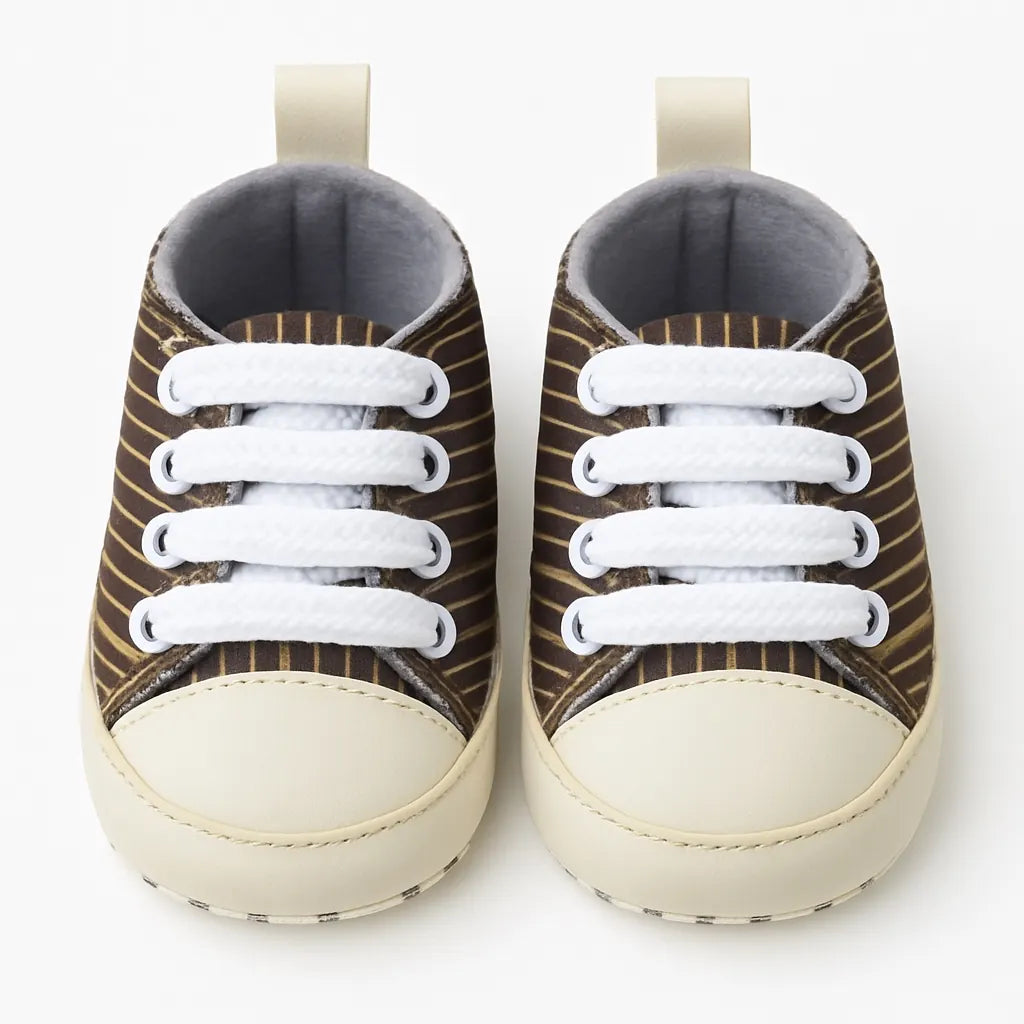 Striped baby sneakers front view with soft rubber sole and white laces