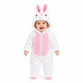 White and pink bunny character hooded winter fleece romper jumpsuit standing front view