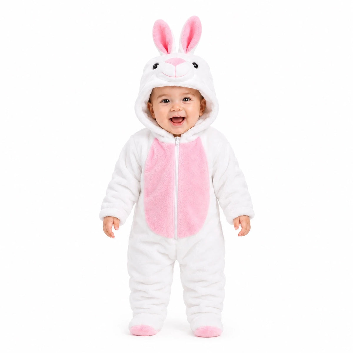 White and pink bunny character hooded winter fleece romper jumpsuit standing front view