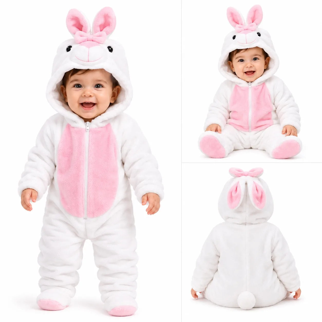 White bunny character hooded fleece romper jumpsuit front seated and back view