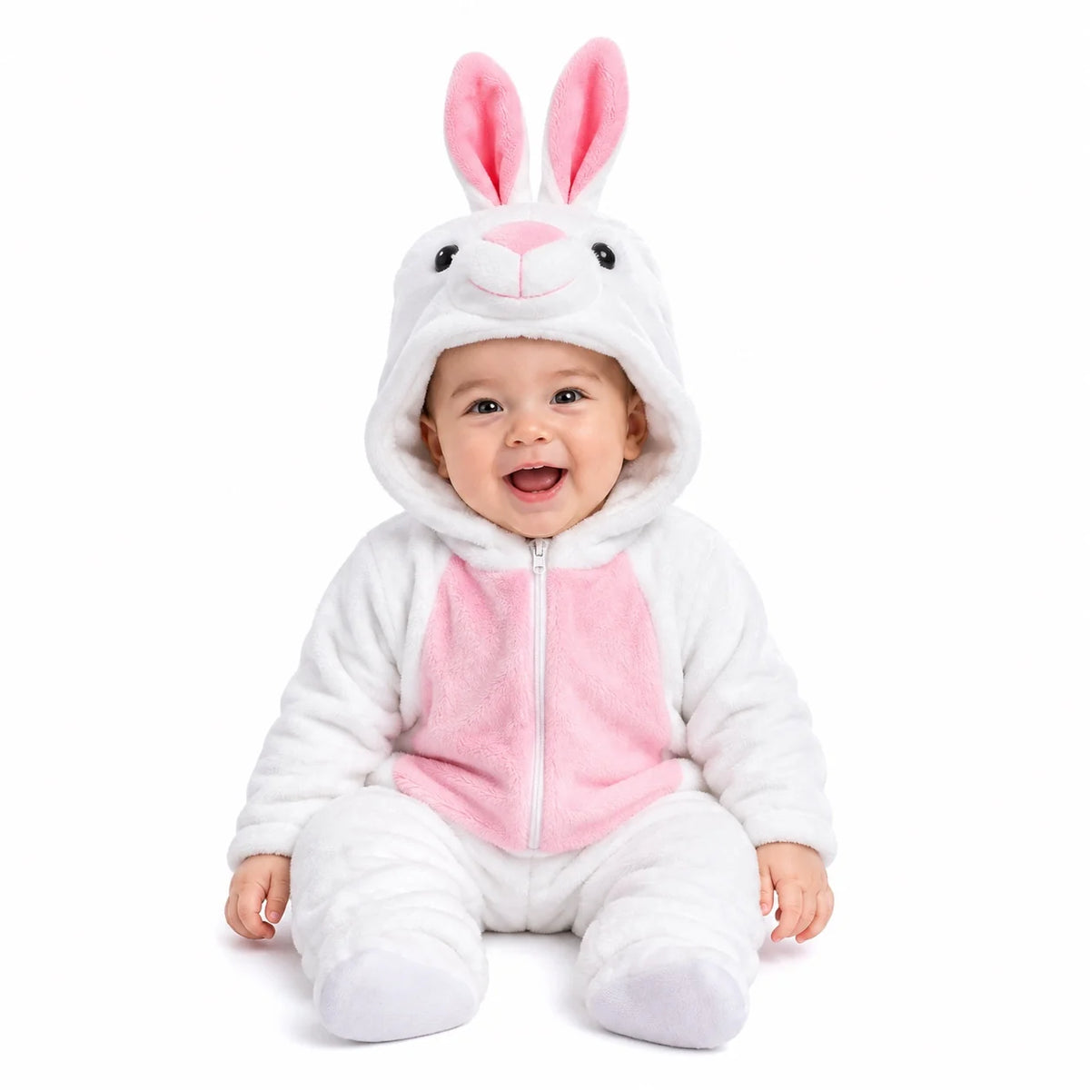 White and pink bunny character hooded winter fleece romper jumpsuit seated front view