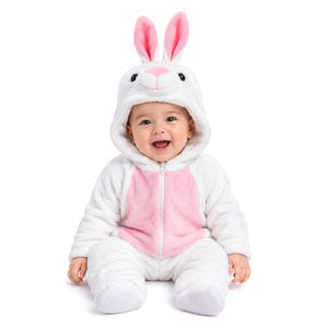 White and pink bunny character hooded winter fleece romper jumpsuit seated front view