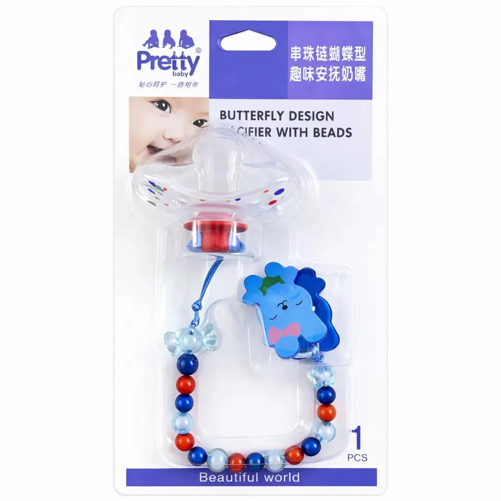 Blue Butterfly Design Baby Pacifier with Beads Clip Chain and Anti Drop Holder for Babies