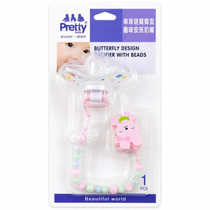 Pink Butterfly Design Baby Pacifier with Beads Clip Chain and Anti Drop Holder for Babies
