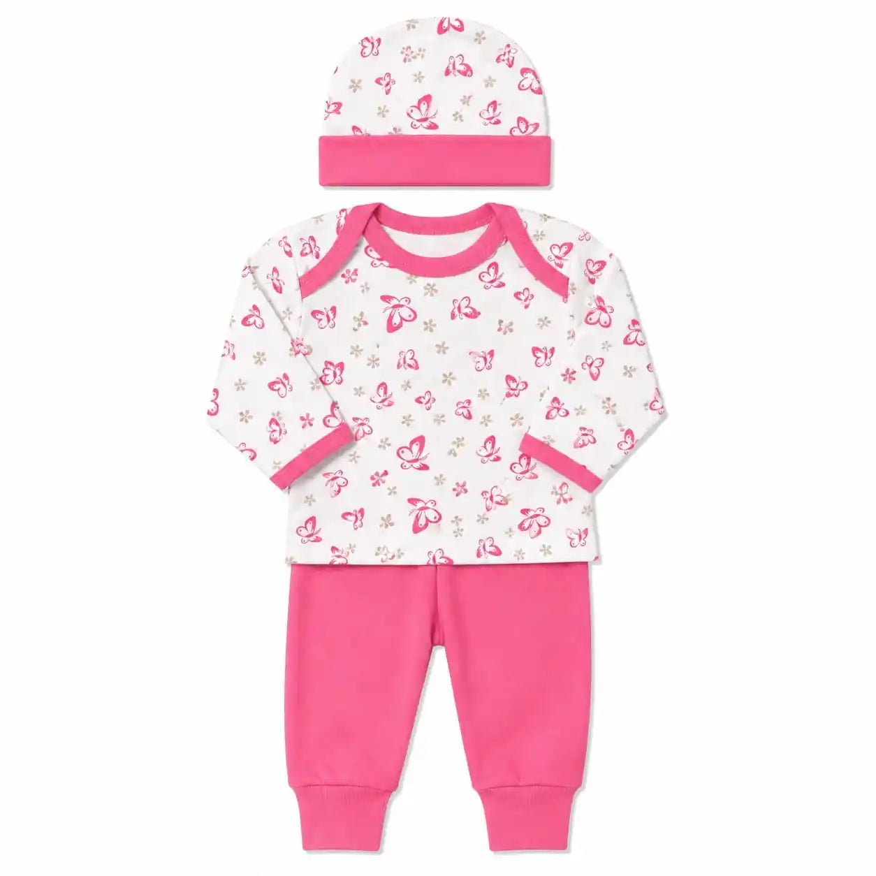 Baby 3 piece butterfly print clothing set with cap shirt and dark pink pajama