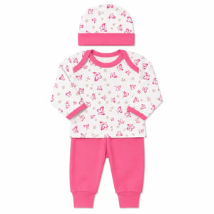 Baby 3 piece butterfly print clothing set with cap shirt and dark pink pajama