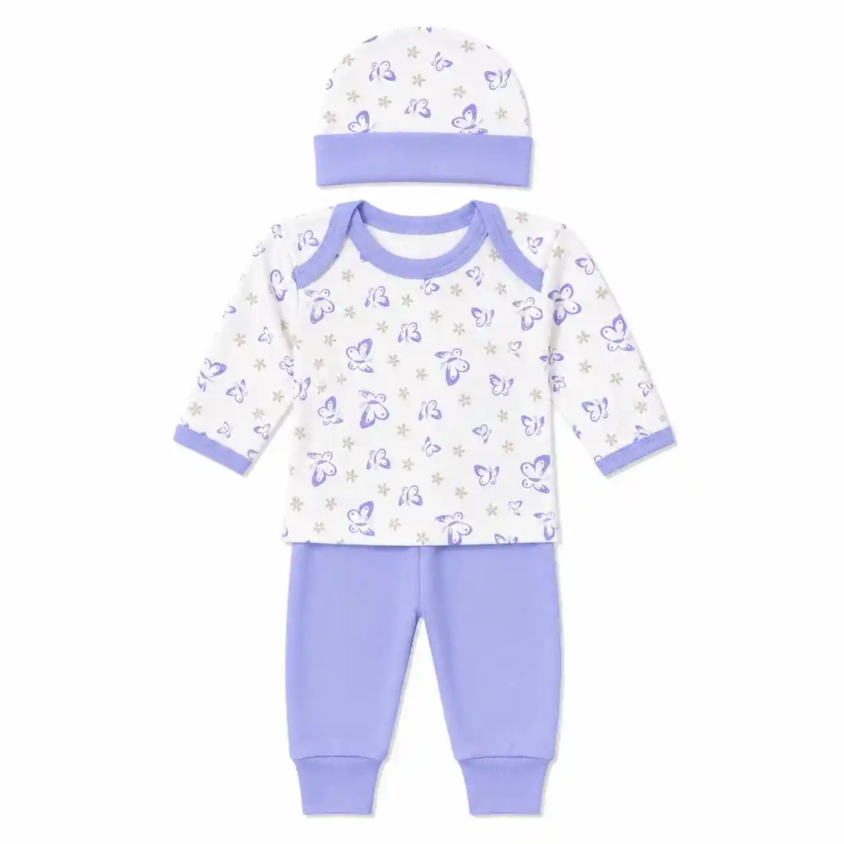 Baby 3 piece butterfly print clothing set with cap shirt and lavender pajama