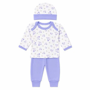 Baby 3 piece butterfly print clothing set with cap shirt and lavender pajama