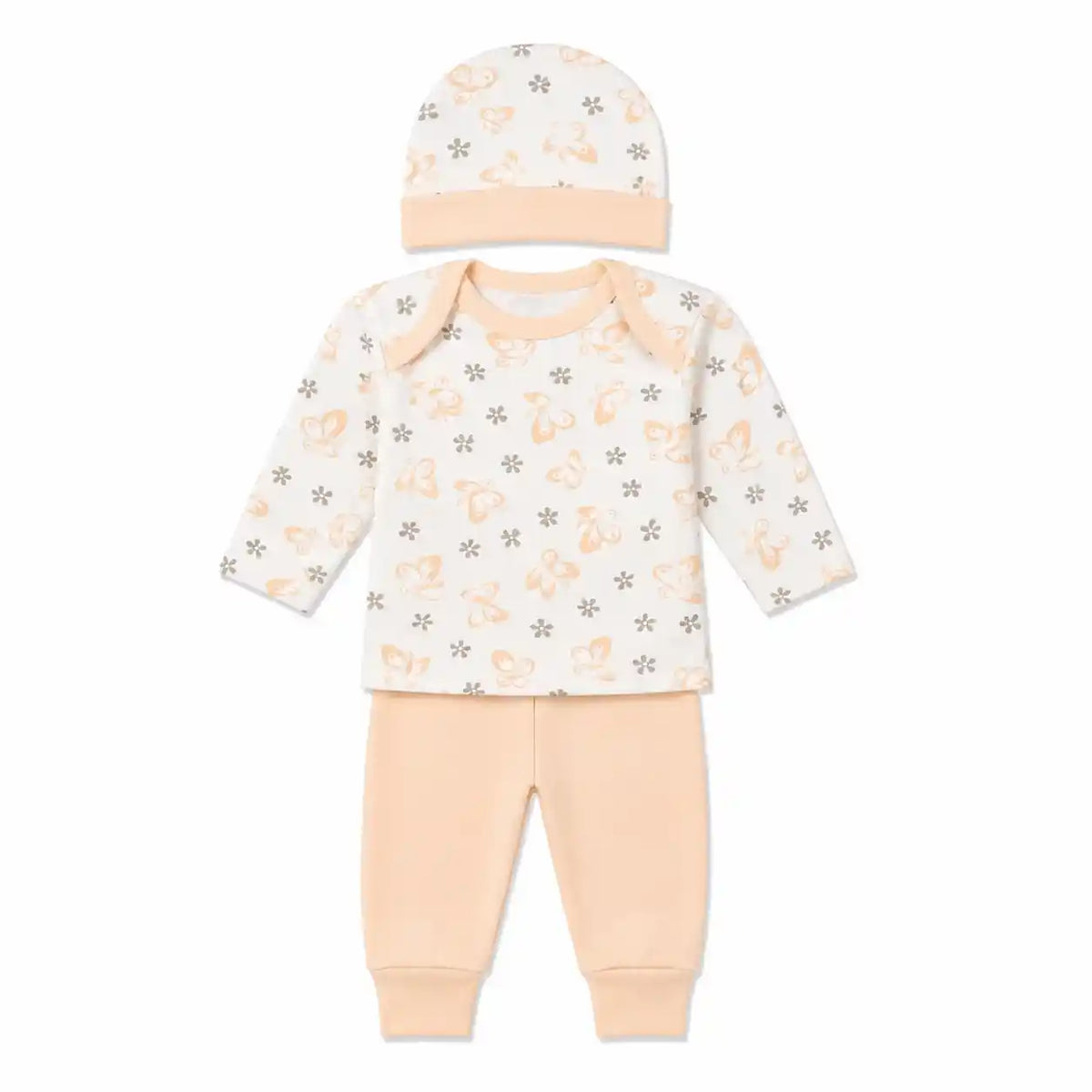 Baby 3 piece butterfly print clothing set with cap shirt and peach pajama