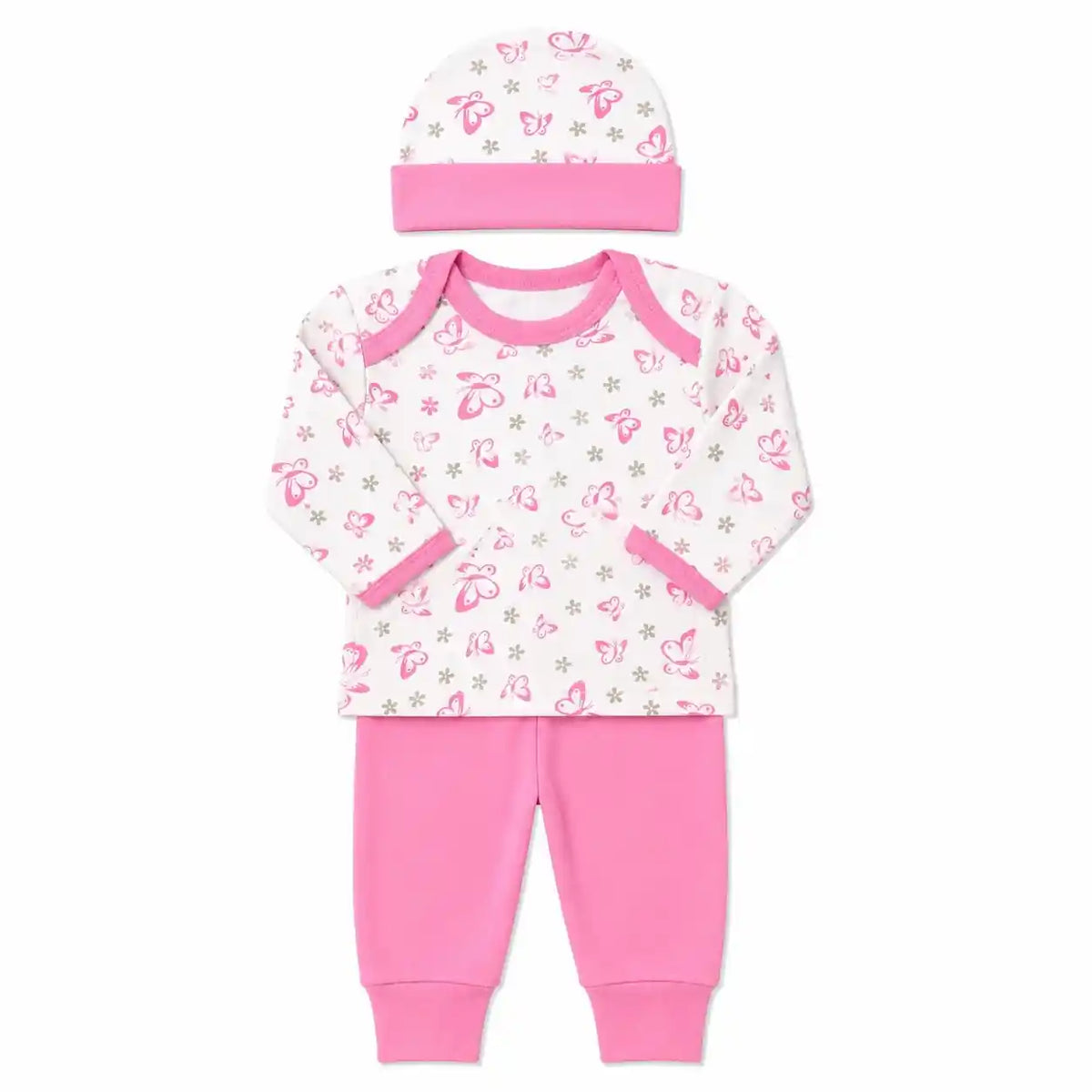 Baby 3 piece butterfly print clothing set with cap shirt and pink pajama