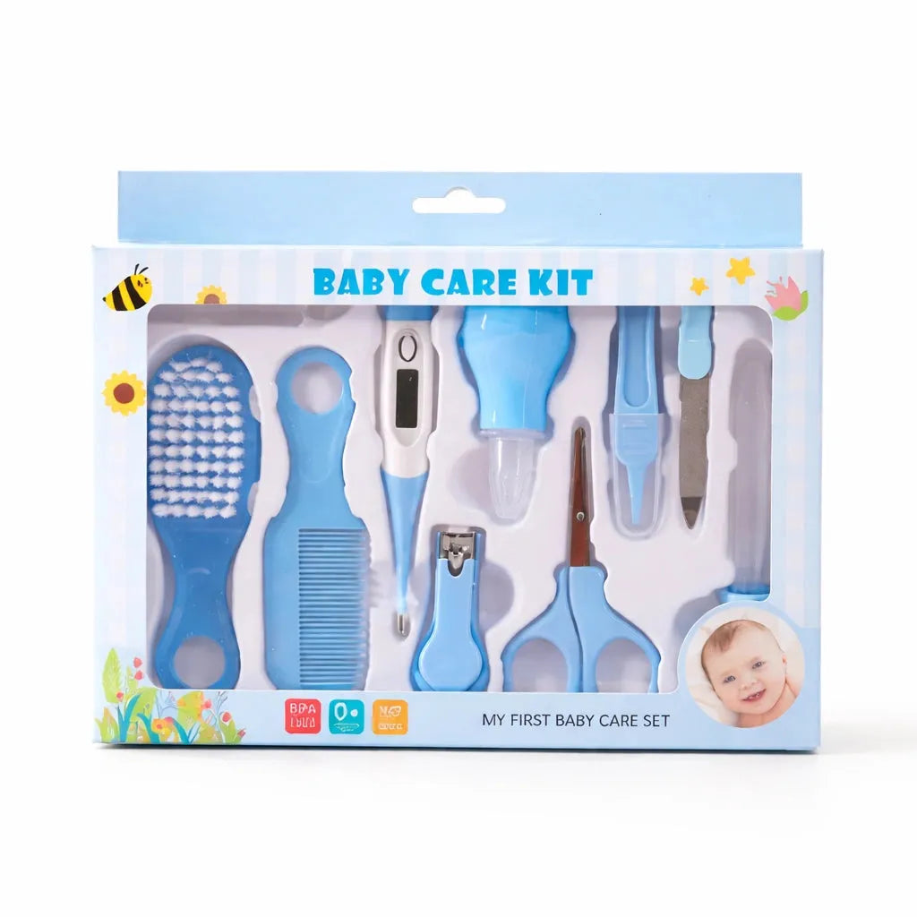 Blue baby care kit grooming set with thermometer comb brush scissors and accessories