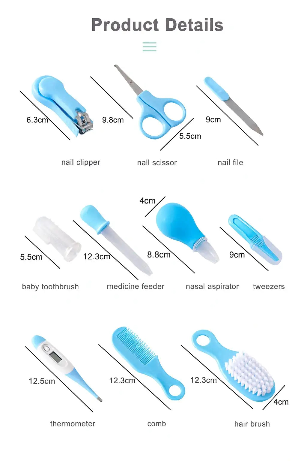 Baby care kit product details with grooming tools measurements and sizes 