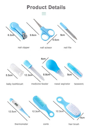 Baby care kit product details with grooming tools measurements and sizes 