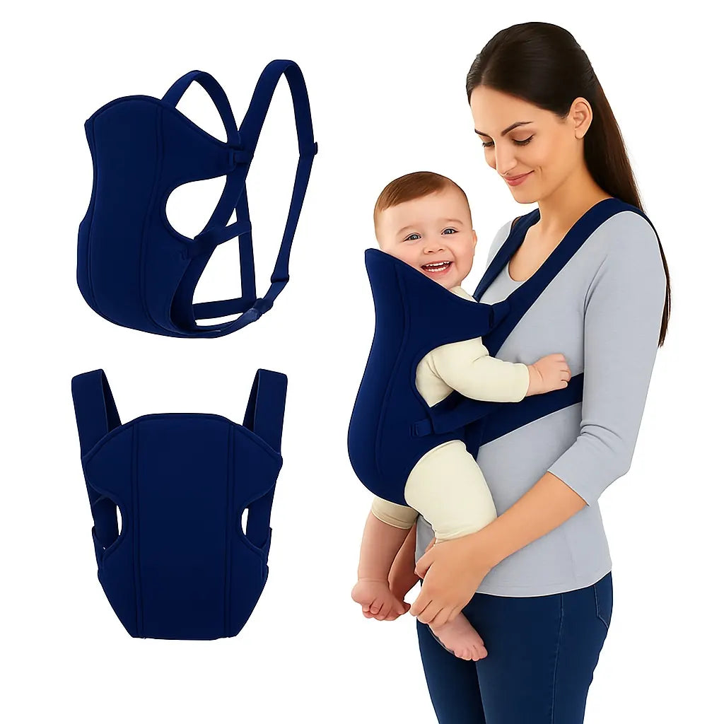 Parent using navy blue baby carrier belt in a secure front carry position