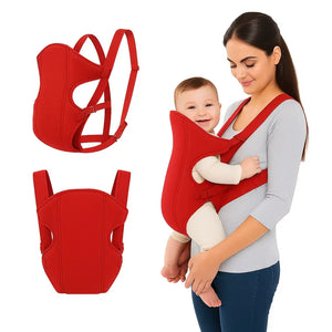 Parent using red baby carrier belt in a secure front carry position