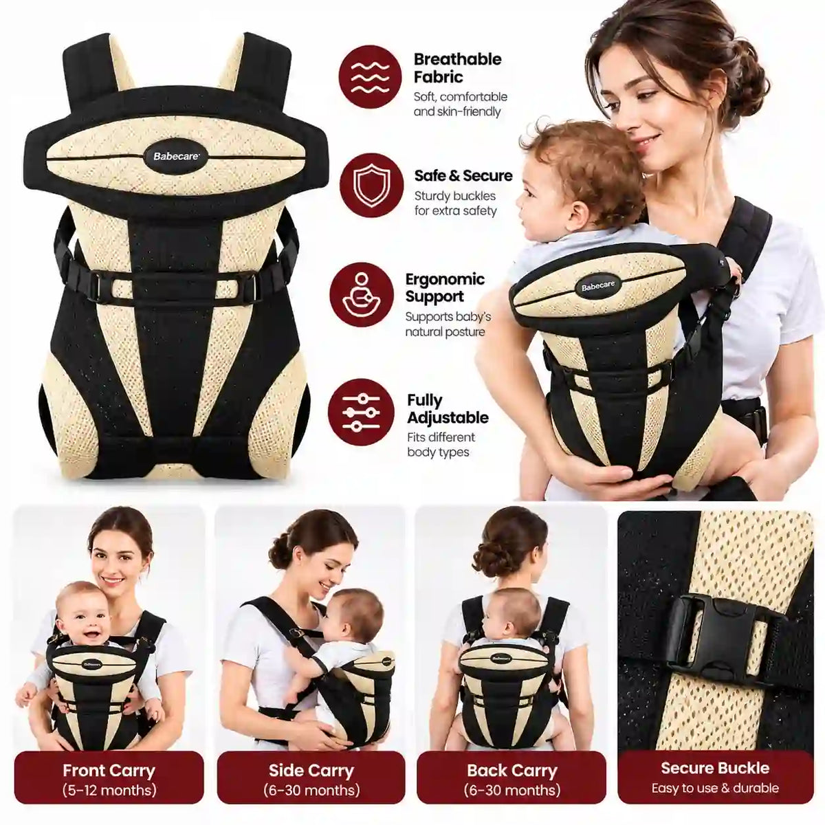 Breathable adjustable baby carrier with front side and back carrying positions