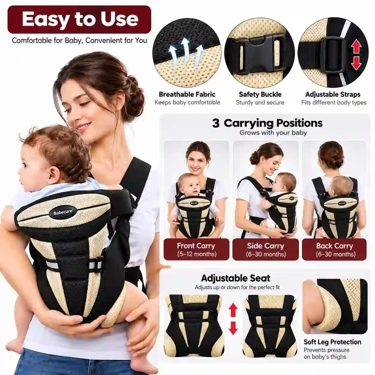 3-in-1 baby carrier with adjustable seat straps buckle and breathable fabric