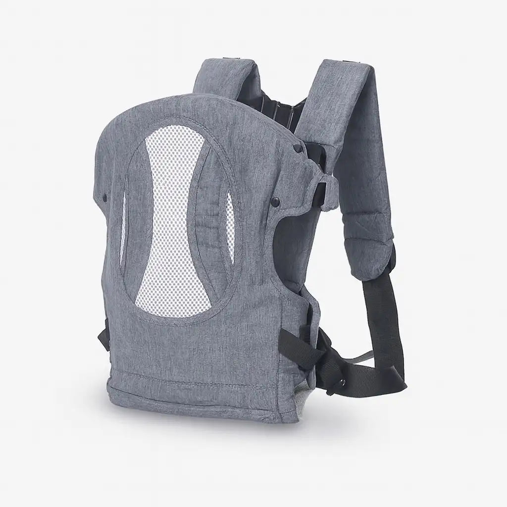Grey baby carrier belt front view with adjustable straps and secure buckles