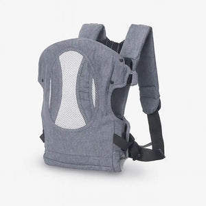 Grey baby carrier belt front view with adjustable straps and secure buckles