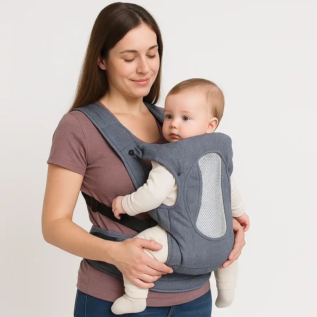 Parent wearing grey baby carrier belt with wide padded shoulder straps