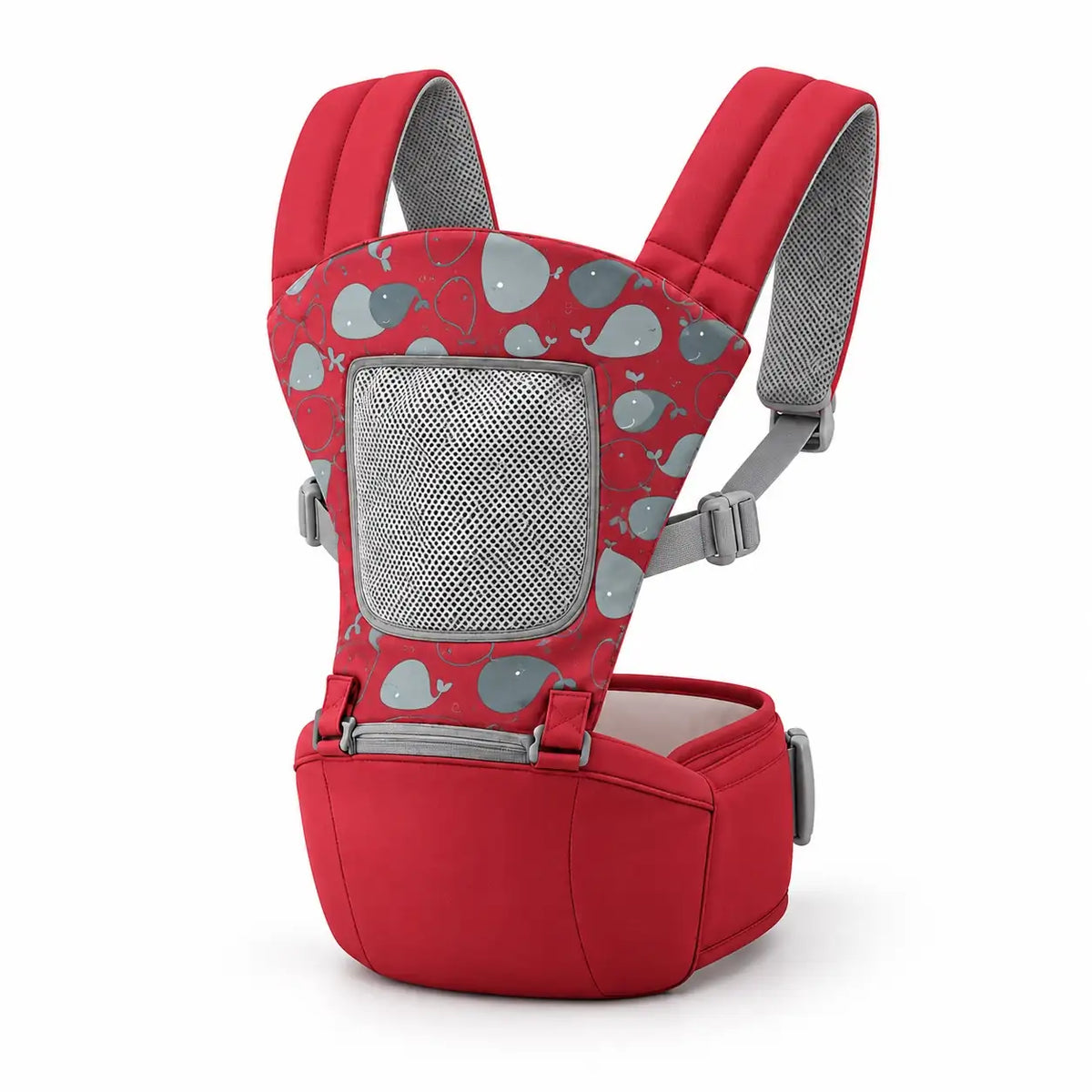 Adjustable Baby Carrier Belt with Hip Seat – Red Whale Print, Mesh Front Panel